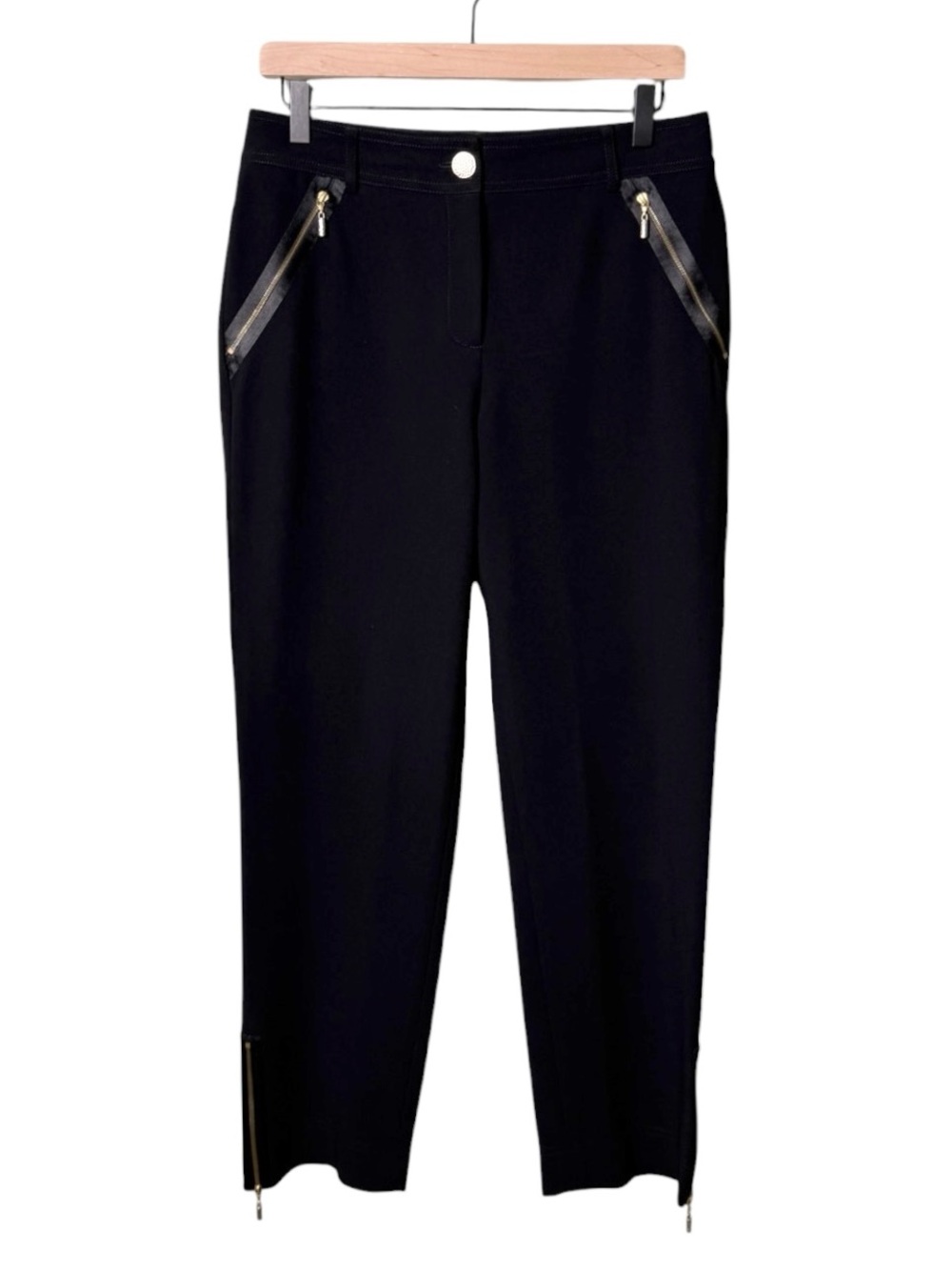 St. John Gold Zipper Trouser Pants Zipper Ankle Work Career Black Women’s Size 6